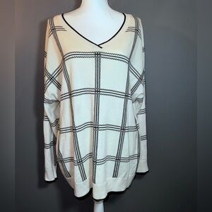 V-Neck Plaid Sweater - Creamy Ivory & Black Cotton Soft